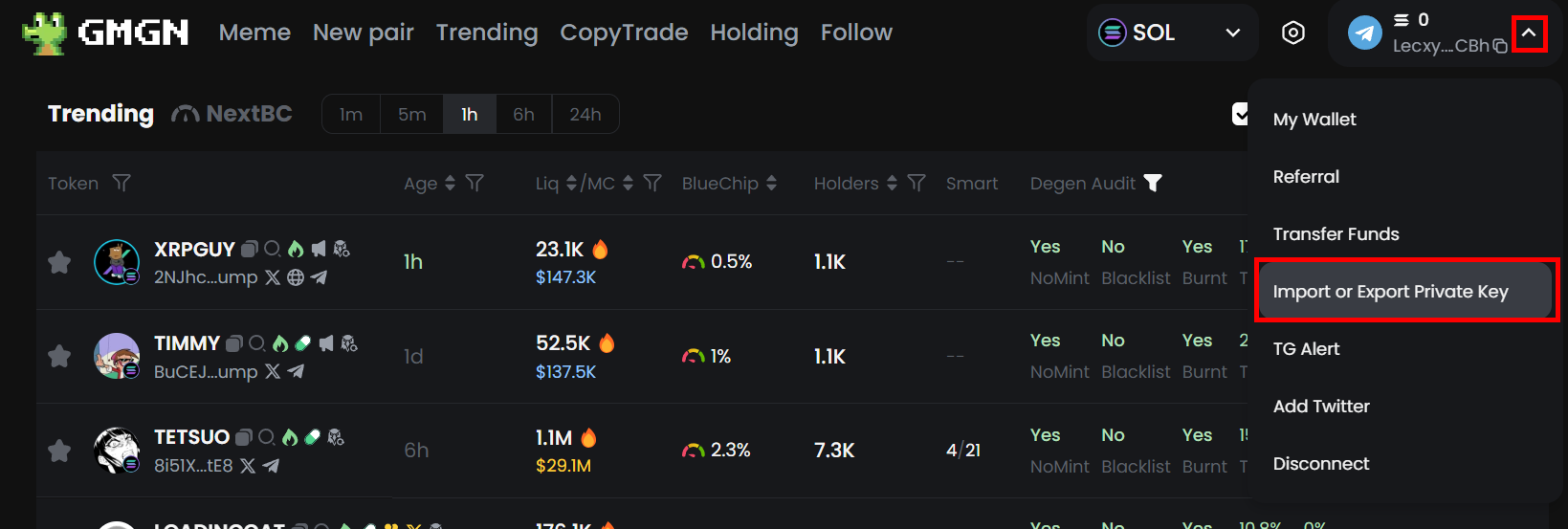 Press Import or Export Private Key
