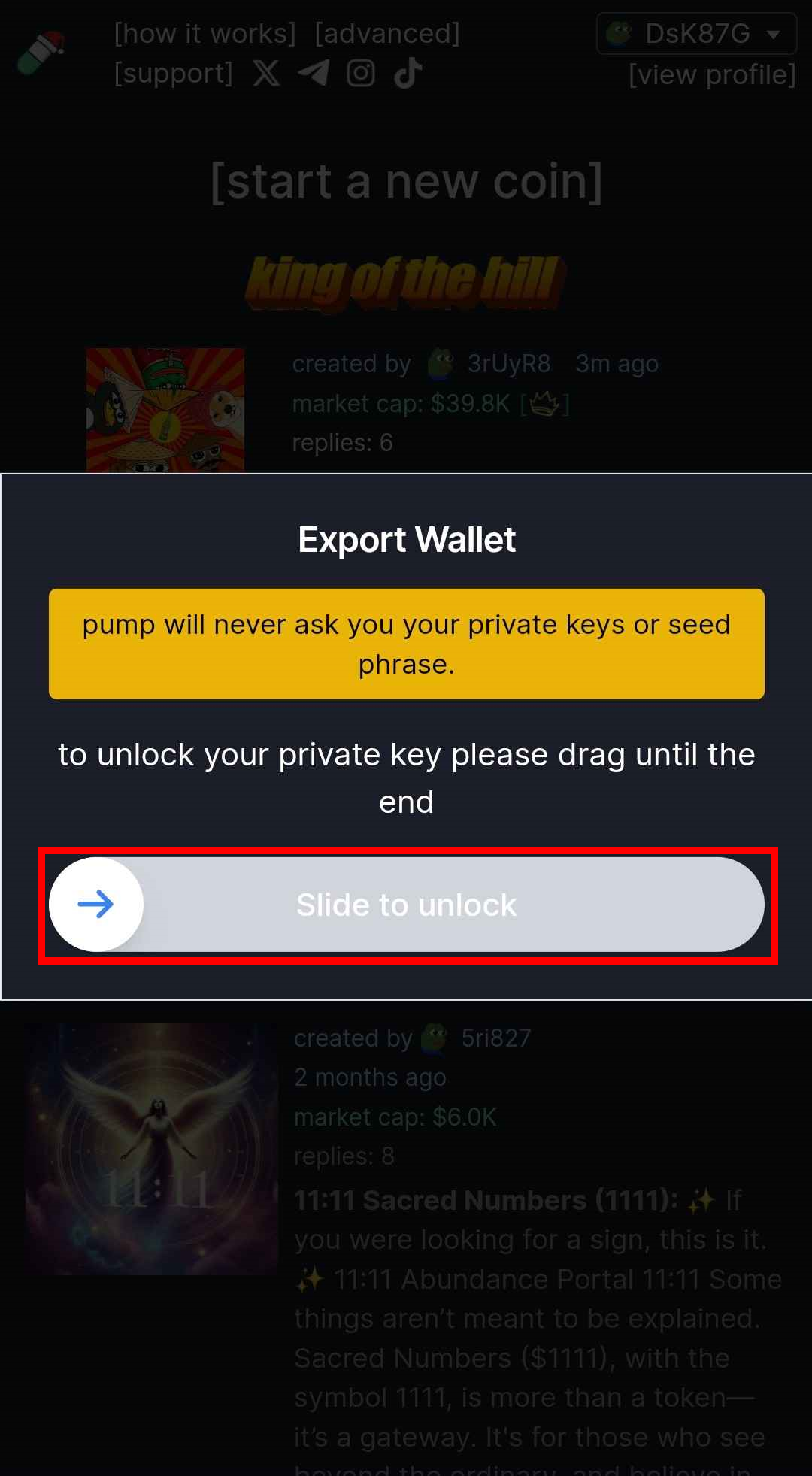 Slide to reveal private key